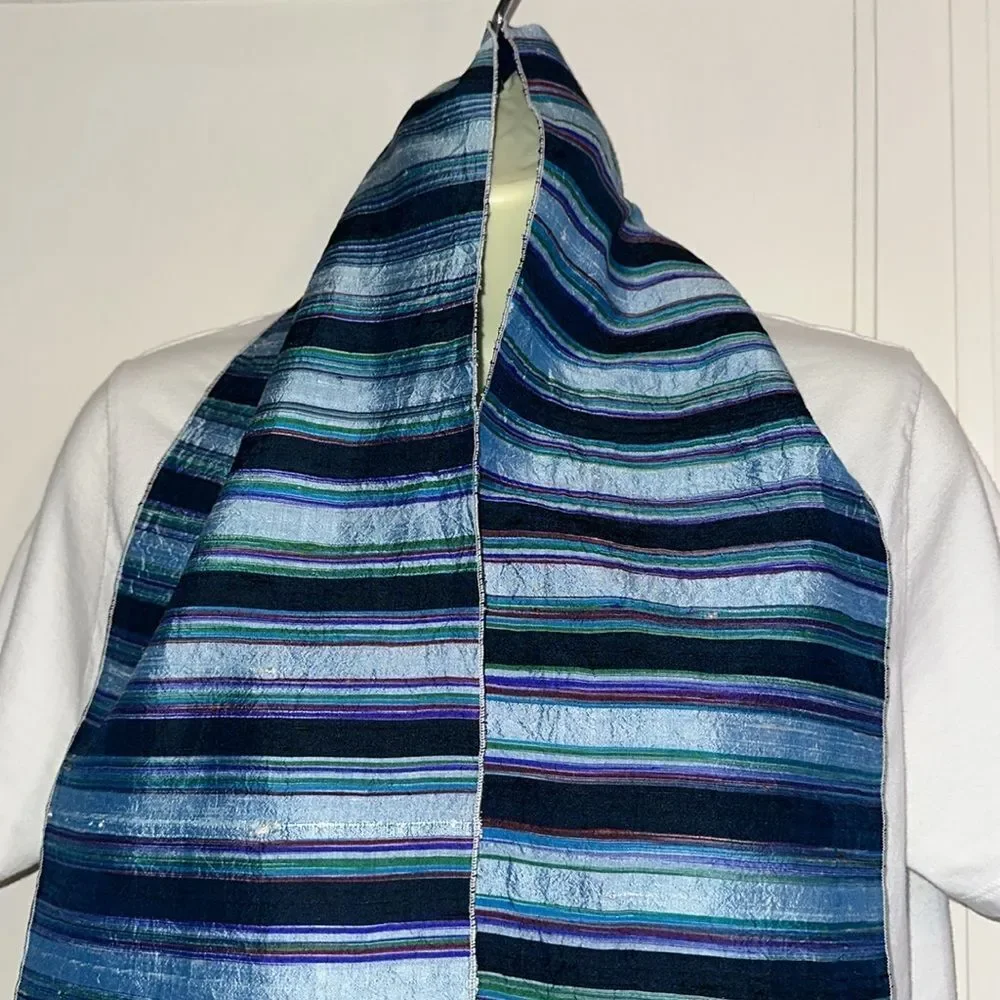 Striped‎ light blue, purple, green, red & navy blue striped shantung silk scarf